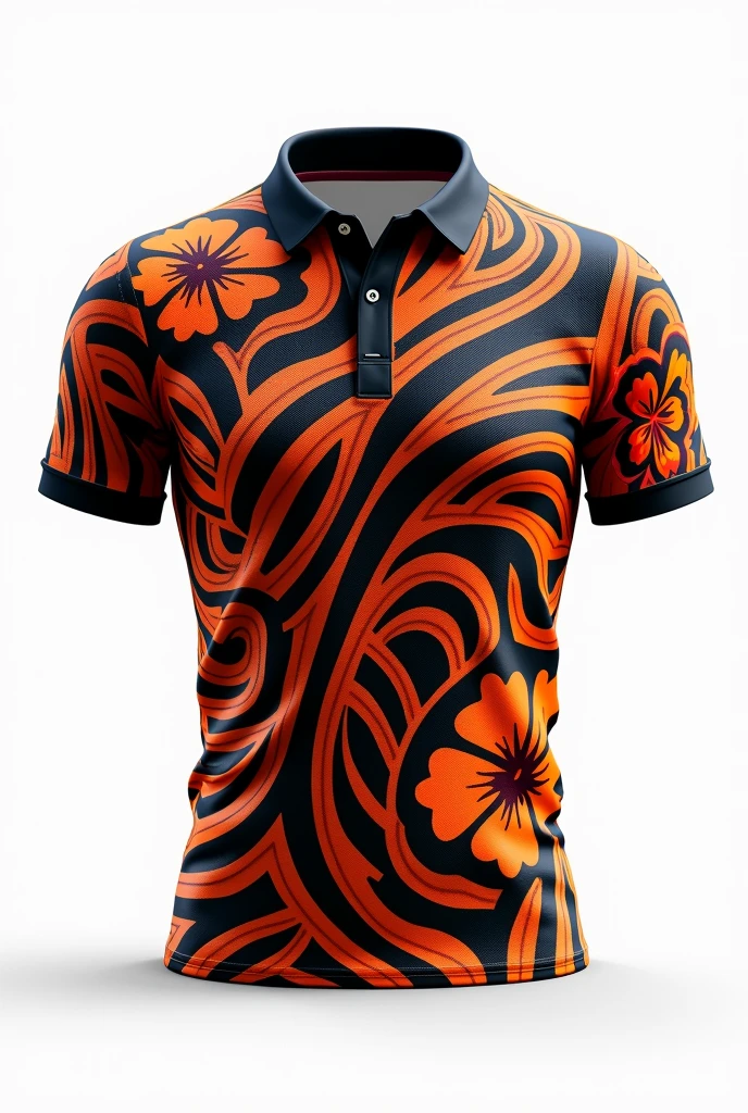 Create for me rugby jerseyMaori tribe pattern design orange black red white full pattern black collar white background clear design hibiscus pattern