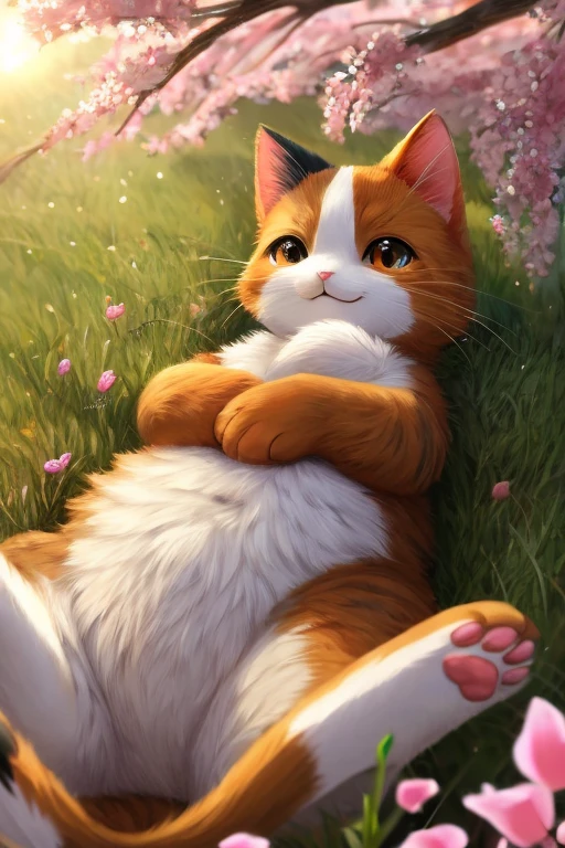Fluffy calico cat、Anime-like cat、Monster Cat、Very cute cat、Happy Cat、Stuffed toy cat、A cat lying on its back in the grass、Pink paw pads are cute、１Cats、Spring sunshine、Cherry blossoms are blooming、A gentle breeze blows. Anatomically correct., High resolution, Winner of numerous awards, 最high quality, detail, 高いdetail, high quality, Very detailed, 