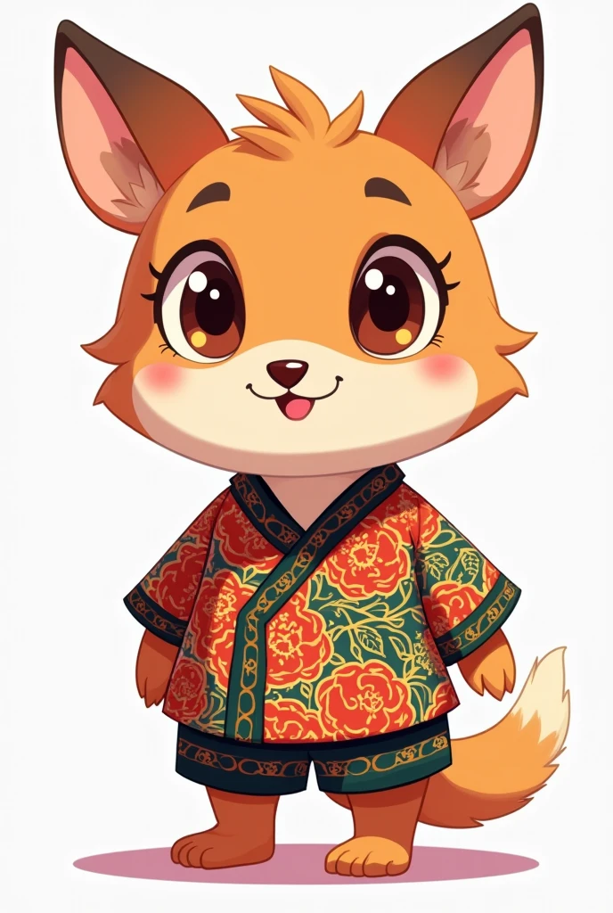 Make me a animal mascot that symbolizes tolerance and democracy, with a character that wears batik clothes like Indonesian batik and Make this mascot like anime Without background