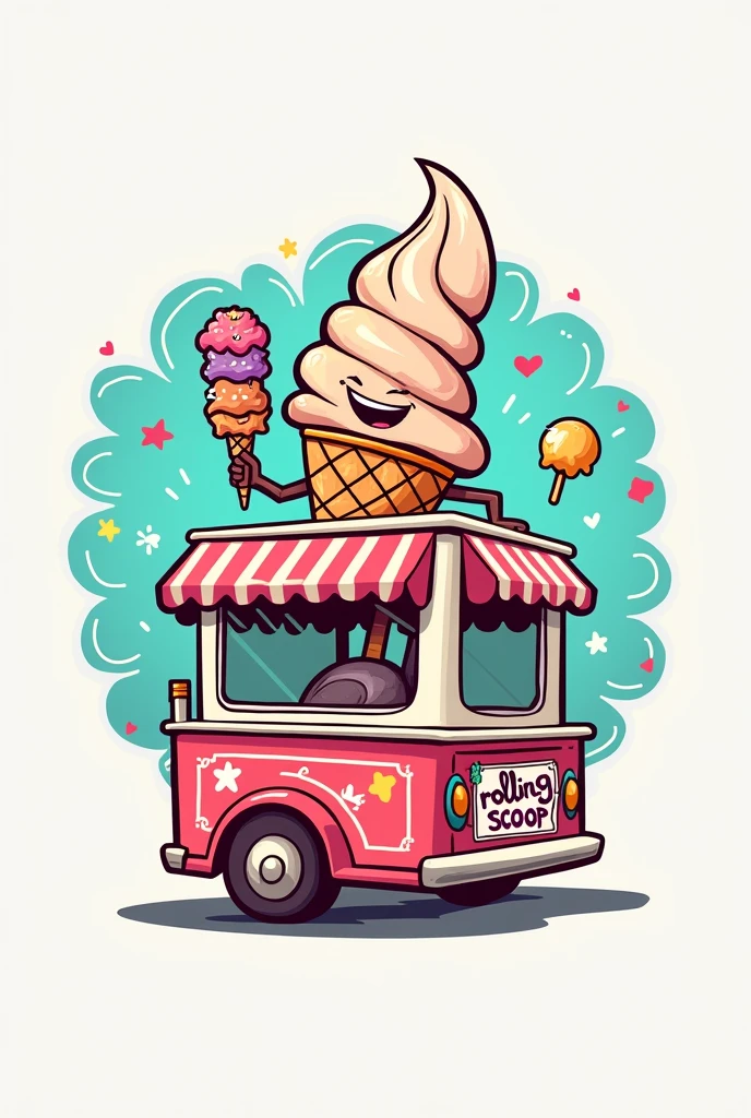 Make me a logo of an ice cream business that is mobile. The name is Rolling Scoops. Make the cone ride an ice cream cart. Change color scheme to more colorful and lively.