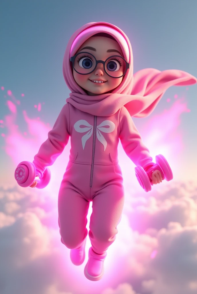 Real hijab women. Average 15 year old. Flying in the sky.glowing pink power over body . Hijab . Spectacles google rubber band on top of head. Close up. Cheerful girl. Real person. Wear jumpsuit pink with hight tech. Real design modern. Minimalist flower design. Half body shoot. Hand holding dumbbell