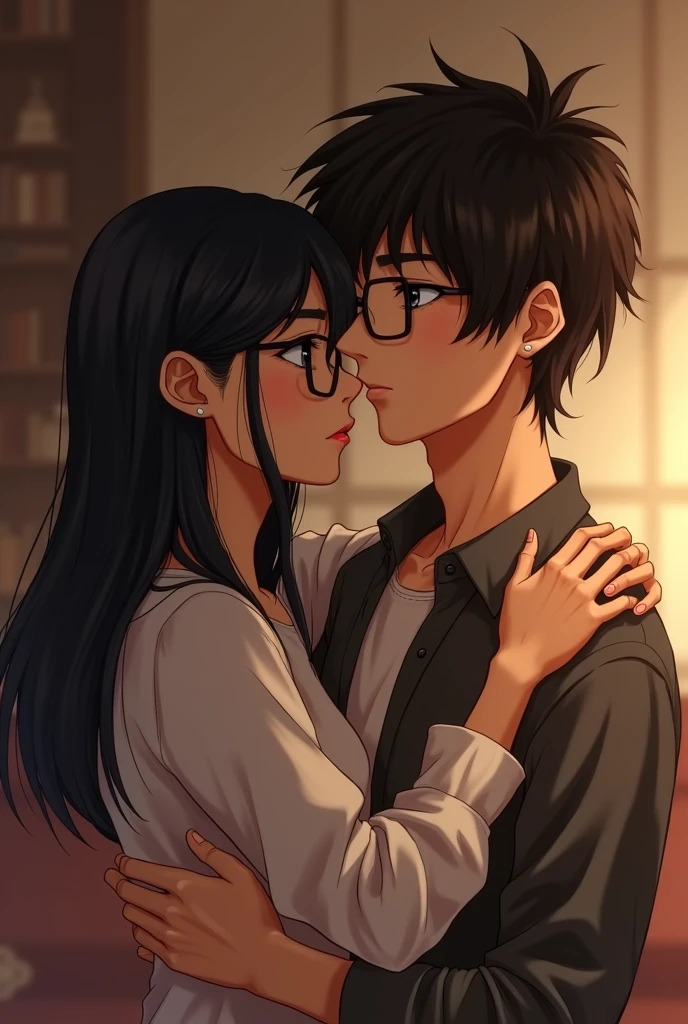 Short long black haired woman with glasses hugging a man with messy black hair without a beard