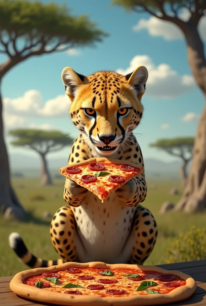 a cheetah eating a slice of pizza