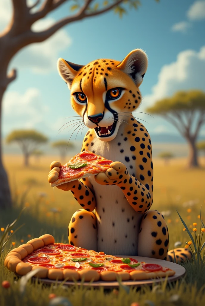 a cheetah eating a slice of pizza