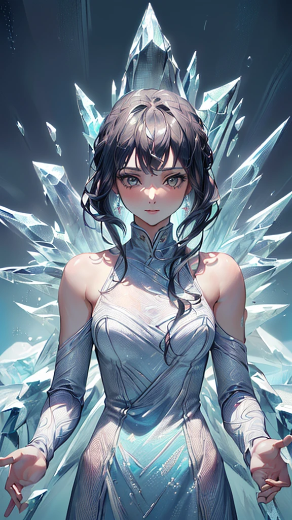 (((masterpiece, High resolution, accurate, Anatomically correct, most high quality, Very detailed, high quality, Ultra high definition:1.5))), Big Tits, Earrings, Sparkling eyes, moving line, Speed Line, mage,sexy pose,(((upper body,one woman,master of ice,Cowboy Shot, :1.5))),smile,Different world,another world,city、throne