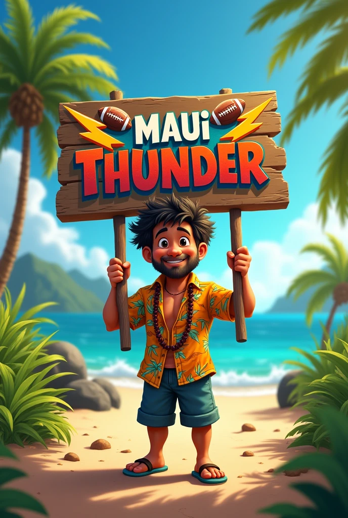 A small Hawaiian guy holding a sign that says Maui thunder. Football theme