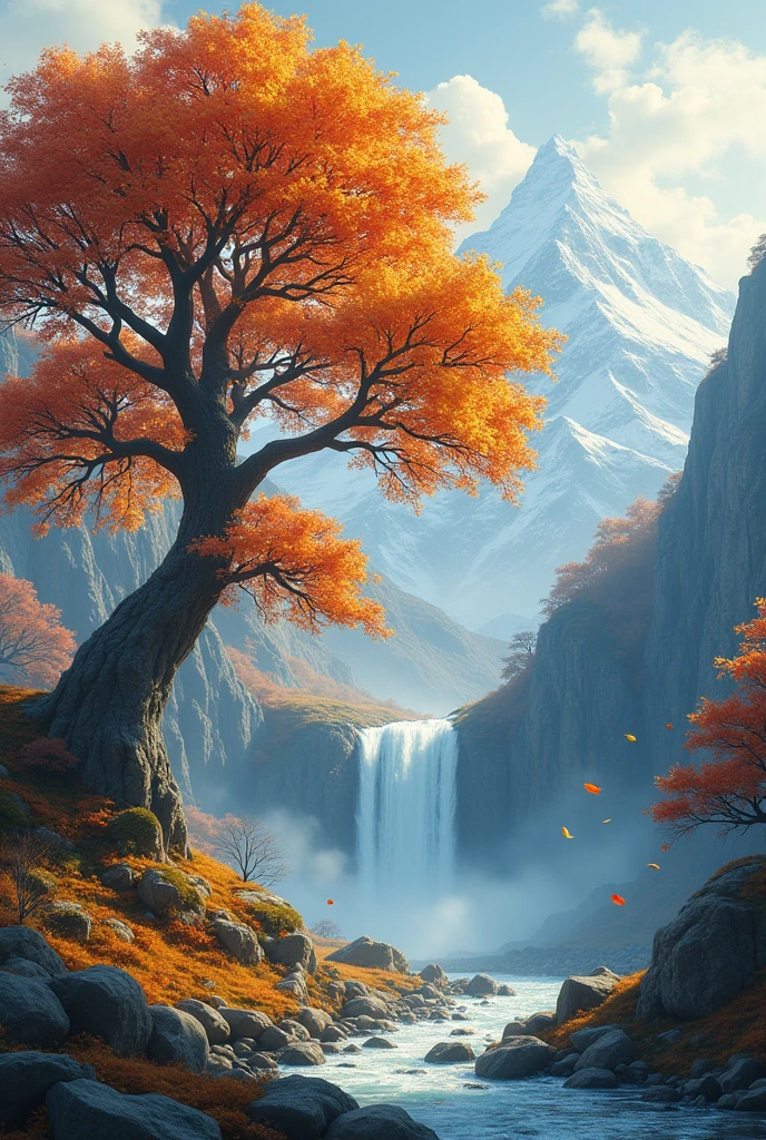 A tree of that kind with leaves slowly falling to the ground while behind there are mountains with a crystal-clear waterfall