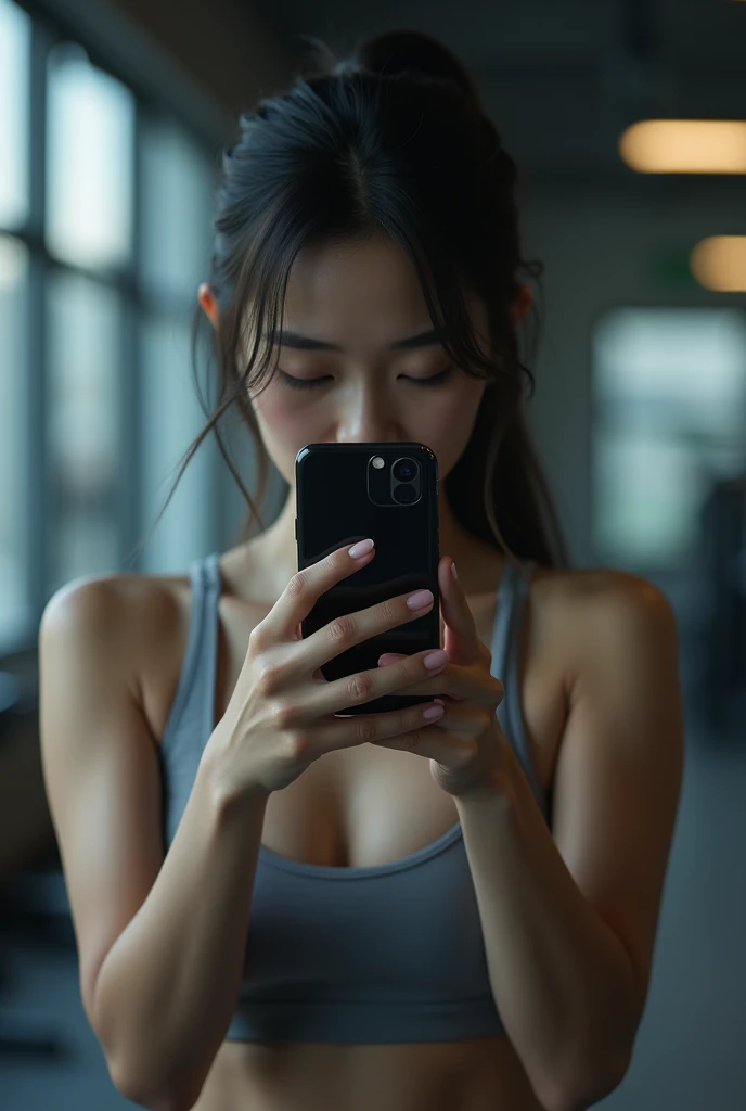 An Asian woman in the gym,Cover your face with your phone,skinny