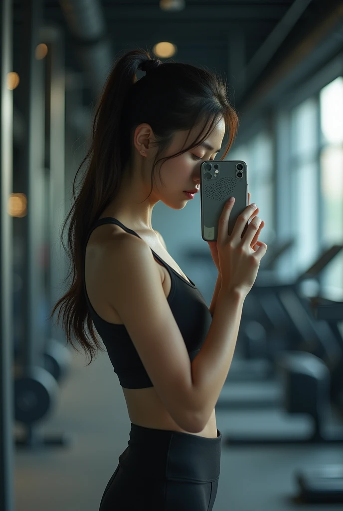 An Asian woman in the gym,Cover your face with your phone,skinny