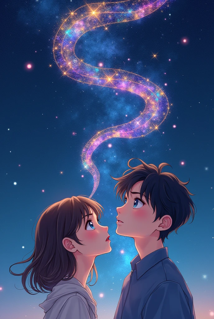 Create a girl with Japanese features, Brown hair with bangs and eyes of the same color but dark. On the side, a boy with French features, brown hair approaching black and blue eyes. Both watching the stars, while a galaxy-colored ribbon unites them.