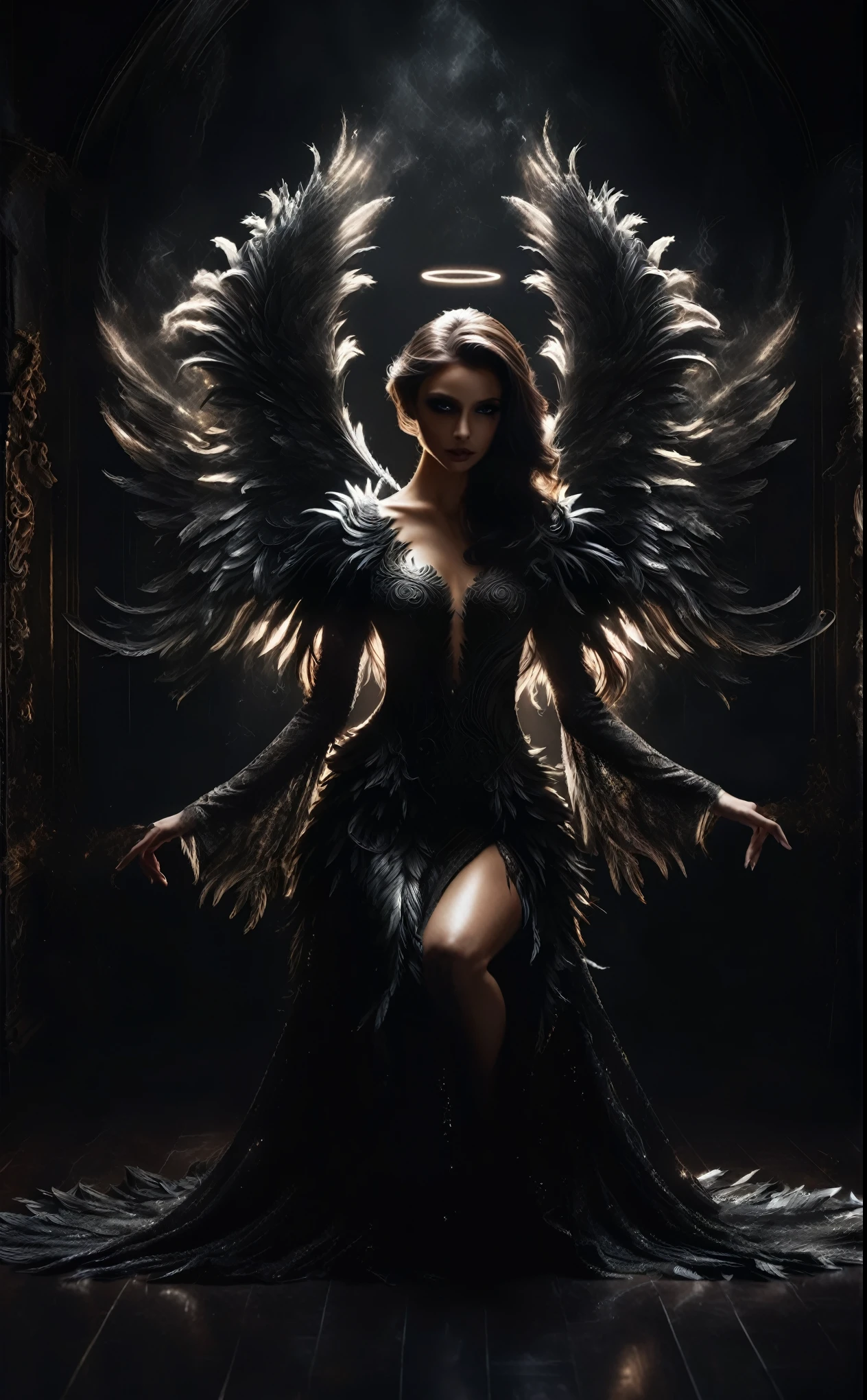 a woman in a black dress kneeling in a dark room with angel wings, dark angel, angel with black wings, portrait of a beautiful angel, portrait of the death angel, portrait of the angel of death, beautiful female angel, full - body majestic angel, angel, villainess has black angel wings, the angel of death, angel of death, of beautiful angel