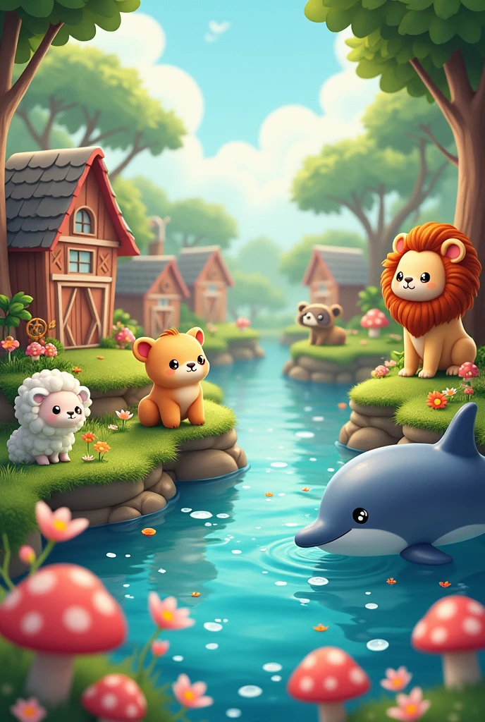 Created a picture WITH different kawaii animals with farm animals, Forest, savannah, ocean.