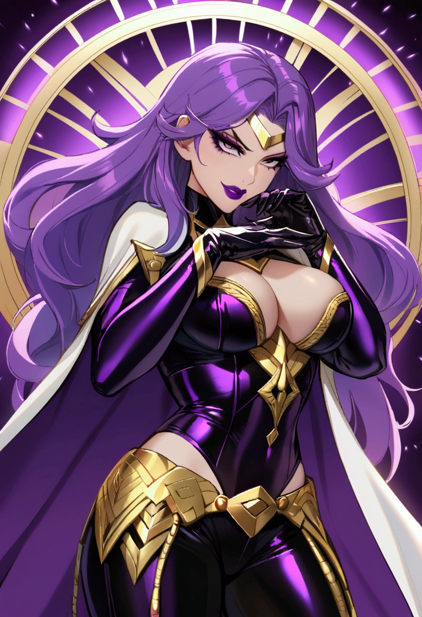 Hot female supervillain , Evil grin purple lips purple eyeshadow leather top gloves and pants with gold accents and long purple hair seductive pose