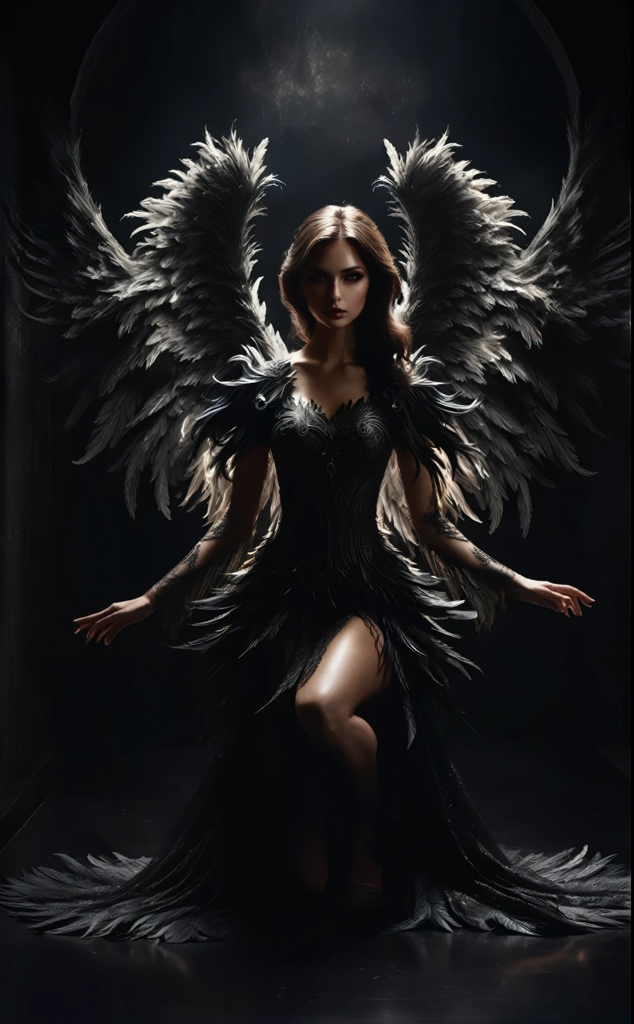 a woman in a black dress kneeling in a dark room with angel wings, dark angel, angel with black wings, portrait of a beautiful angel, portrait of the death angel, portrait of the angel of death, beautiful female angel, full - body majestic angel, angel, villainess has black angel wings, the angel of death, angel of death, of beautiful angel