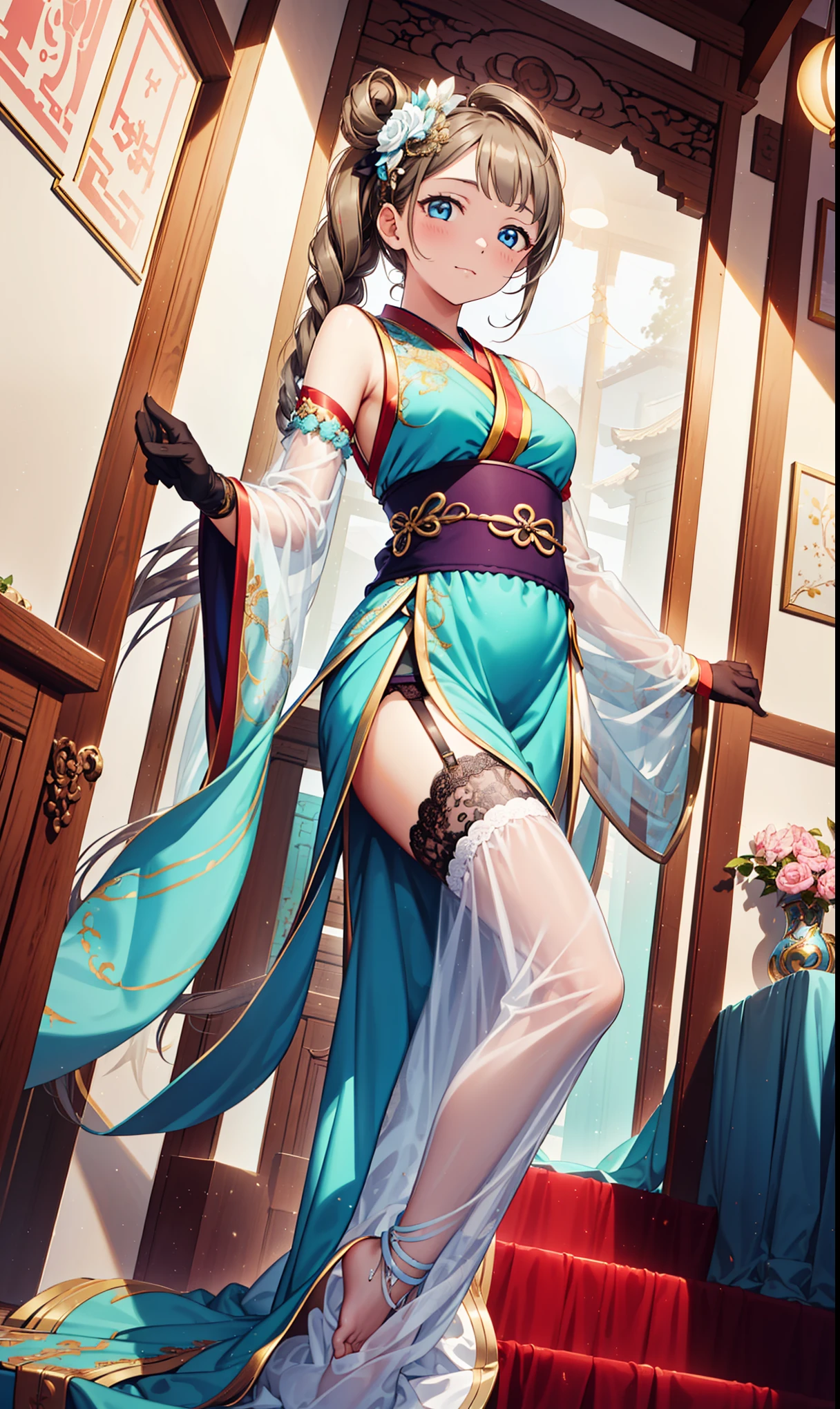Top quality，best quality，Saint Ya Charm，happiness，Gentle expression，in love，(Transparent colored Hanfu，Exquisite and gorgeous design)，Black Gloves，Silver Hair，blue eyes，See through transparent clothes，Exquisite hair accessories，Transparent lace，Engraving pattern，Dress nicely，In the background is an old Chinese palace，Inside the hall，Elegant Posture，night，(Long garter belt:1.1），Super super detailed，Delicate and beautiful face and eyes