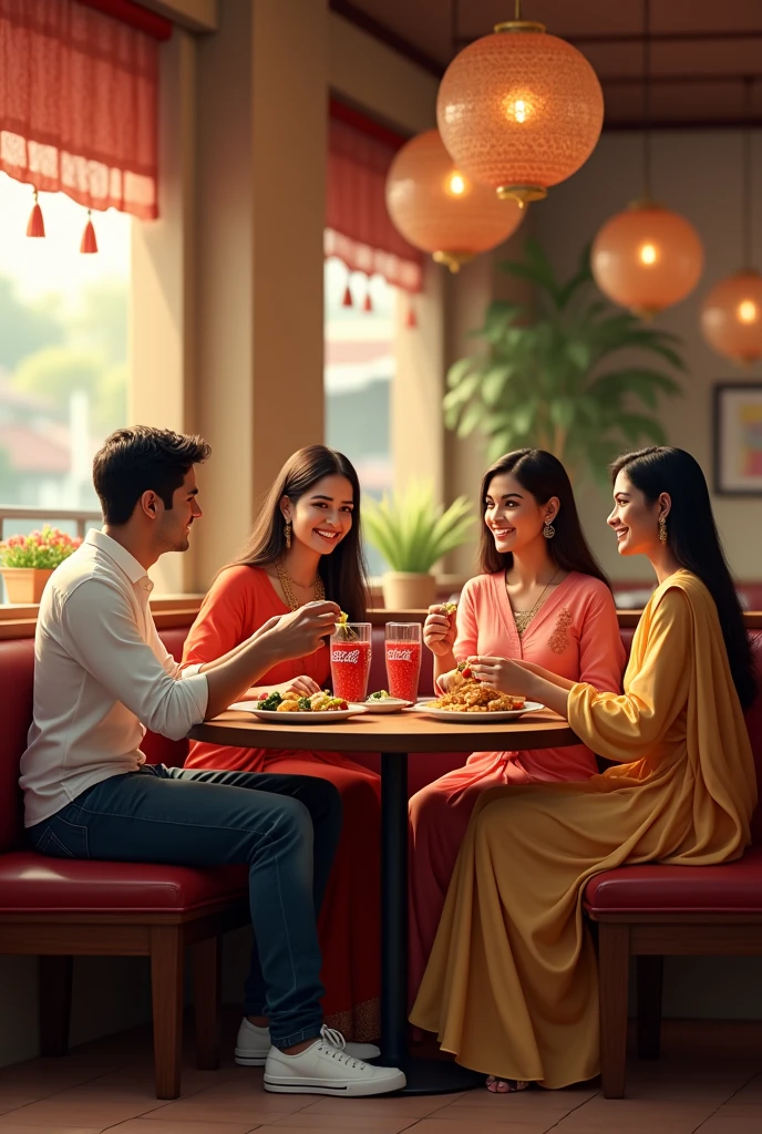 2 mens and 2 womens meet in a restaurant and eat momos and chili potatoes and drink coca cola, the men is wearing a white shirt and jeans and white shoes and the women is wearing a white Indian suit