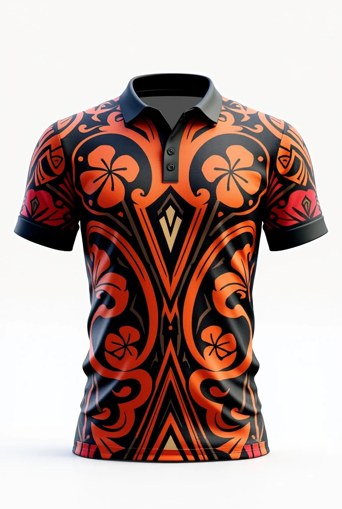 Create for me rugby jerseyMaori tribe pattern design orange black red white full pattern black collar white background clear design hibiscus pattern