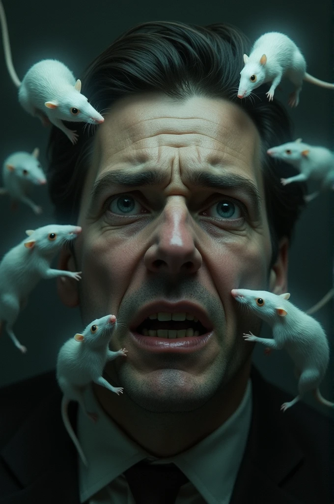 A close-up of Winston's face, distorted in agony and fear, with ghostly images of his worst fear (rats) encircling his head, representing the psychological terror of Room 101.