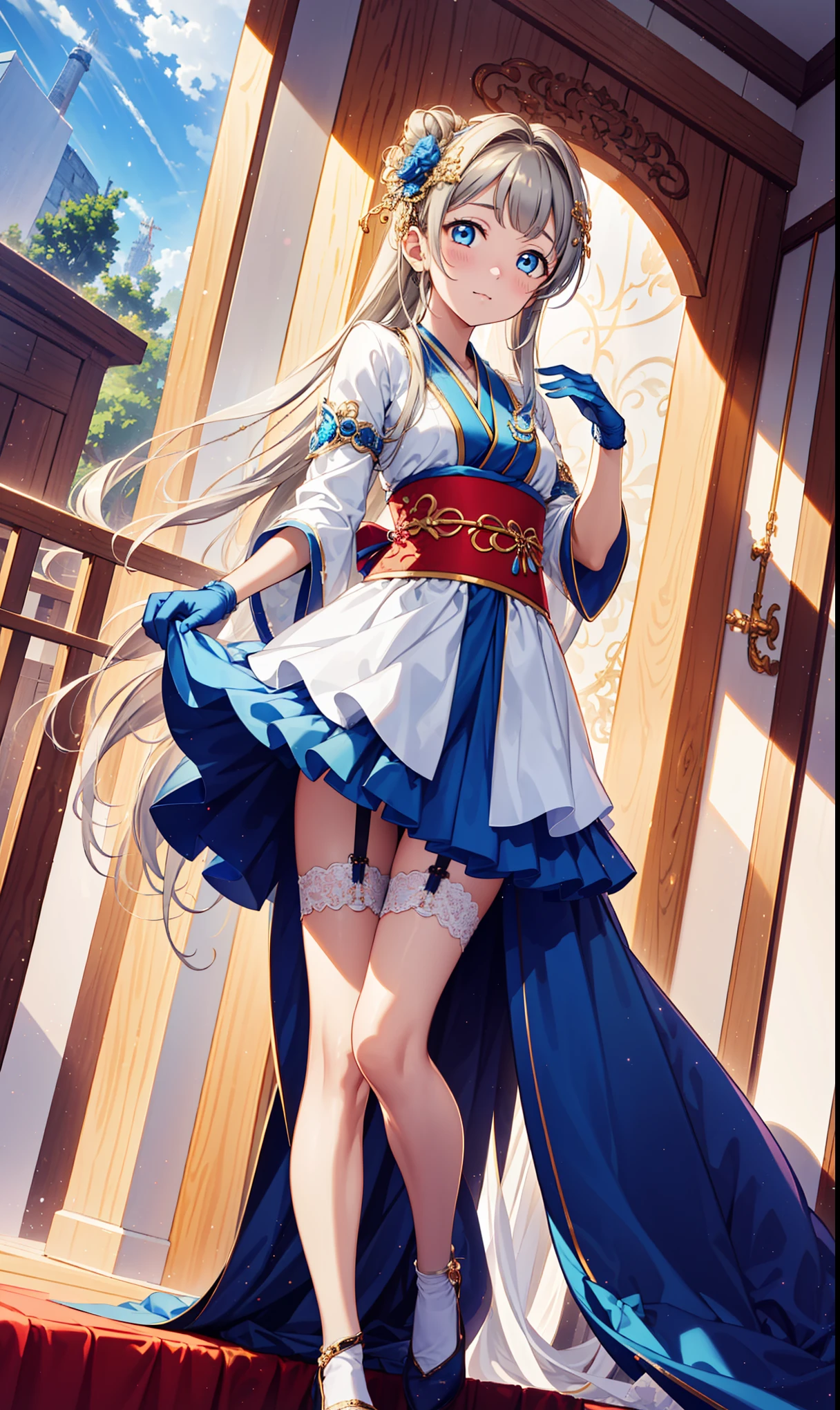 Top quality,best quality,Saint Ya Charm,happiness,Gentle expression,in love,(Transparent colored Hanfu,Exquisite and gorgeous design),Black Gloves,Silver Hair,blue eyes,See through transparent clothes,Exquisite hair accessories,Transparent lace,Engraving pattern,Dress nicely,In the background is an old Chinese palace,Inside the hall,Elegant Posture,night,(Long garter belt:1.1),Super super detailed,Delicate and beautiful face and eyes