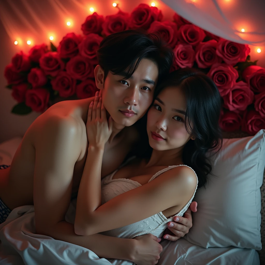 A very young japannes girl using a whte transparant skirt and black underwear sitting on a 55 year Indonesia man that laying in a bed , room very cool and beautiful lighting, very detail in 8k photograp, face to Camera with background Indonesia flag the coulor red and white.