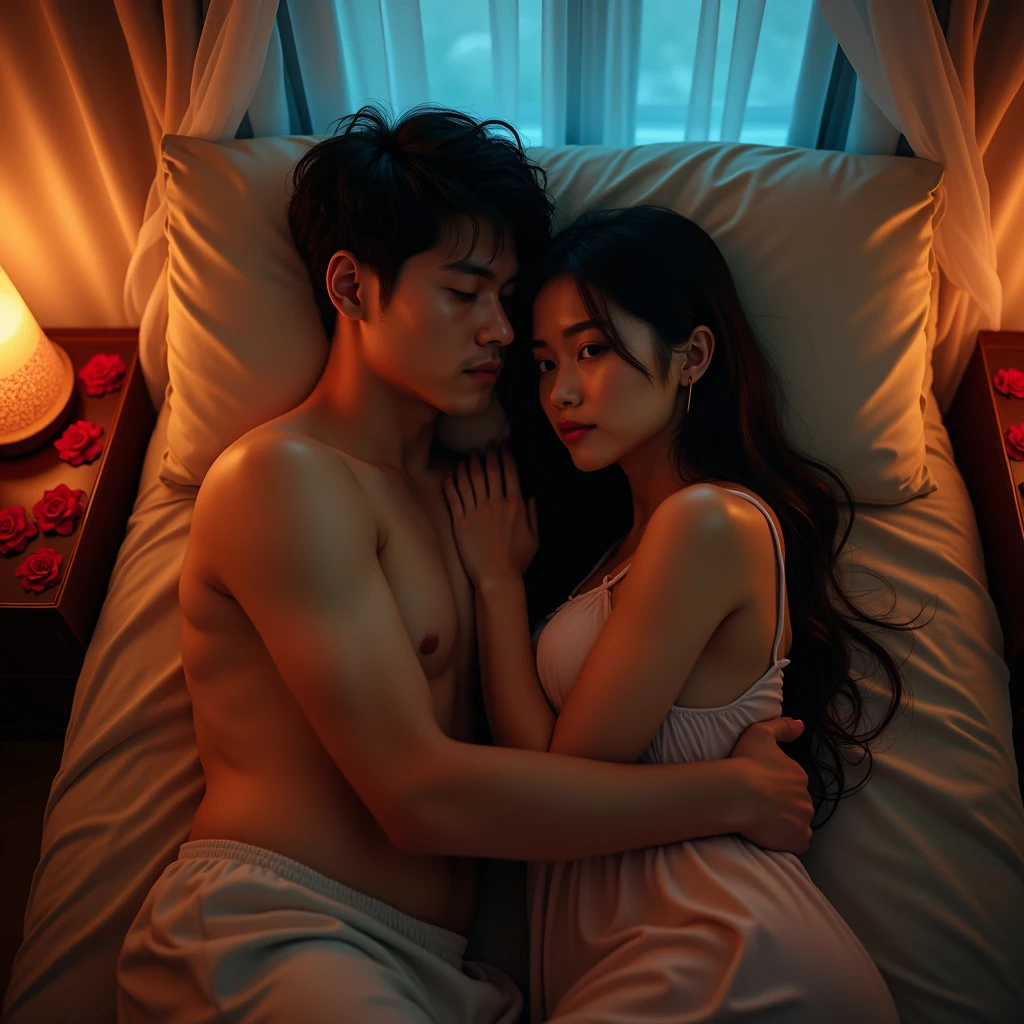 Indonesian couple. The man is a normal body wearing simple pajamas. With The woman is a little chubby and huge breasted, wearing sleeveless knee-nght nightgown. The luxurious bedroom is decorated with red roses and a mosquito net with neon backlight as a background detail, lying on the pillow while hugging each other in the cold. Look at the viewer, natural light, realistic photography, wide angle shot from top.