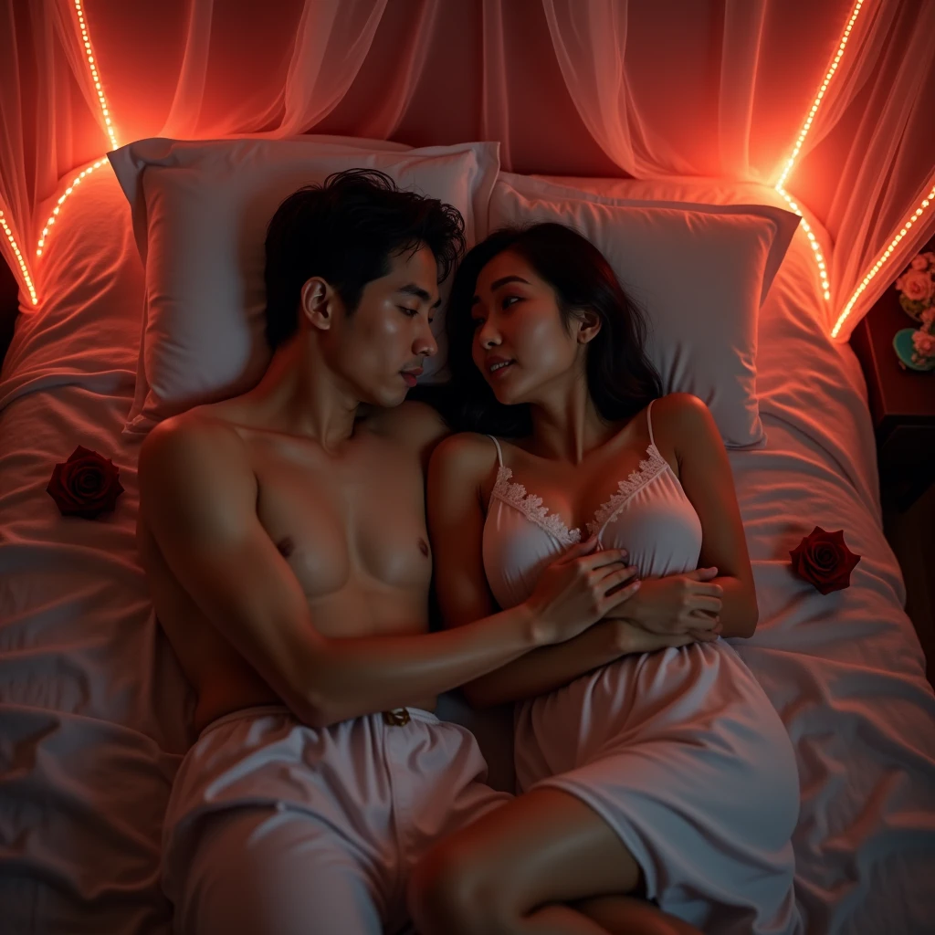 Indonesian couple. The man is a normal body wearing simple pajamas. With The woman is a little chubby and huge breasted, wearing sleeveless knee-nght nightgown. The luxurious bedroom is decorated with red roses and a mosquito net with neon backlight as a background detail, lying on the pillow while hugging each other in the cold. Look at the viewer, natural light, realistic photography, wide angle shot from top.