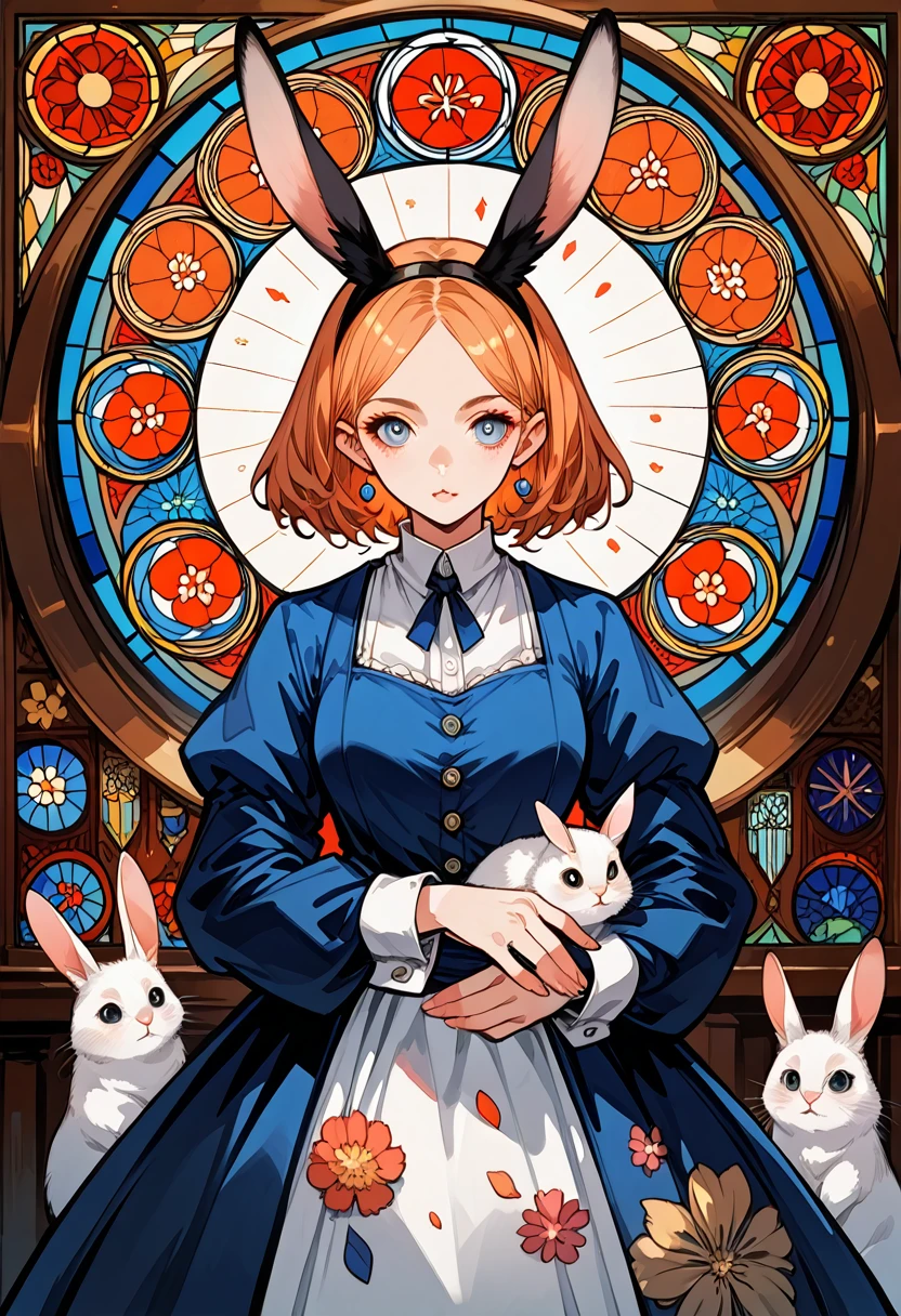 rating_safe, score_9, score_8_up, score_7_up, score_6_up, score_5_up, score_4_up, hires, source_furry, cover_page, medieval times, mystical, Alice in Wonderland, 1girl, Rabbit in a suit, Sil Off from Isometric Anime, stained glass, On White Background, Geometric composition,
