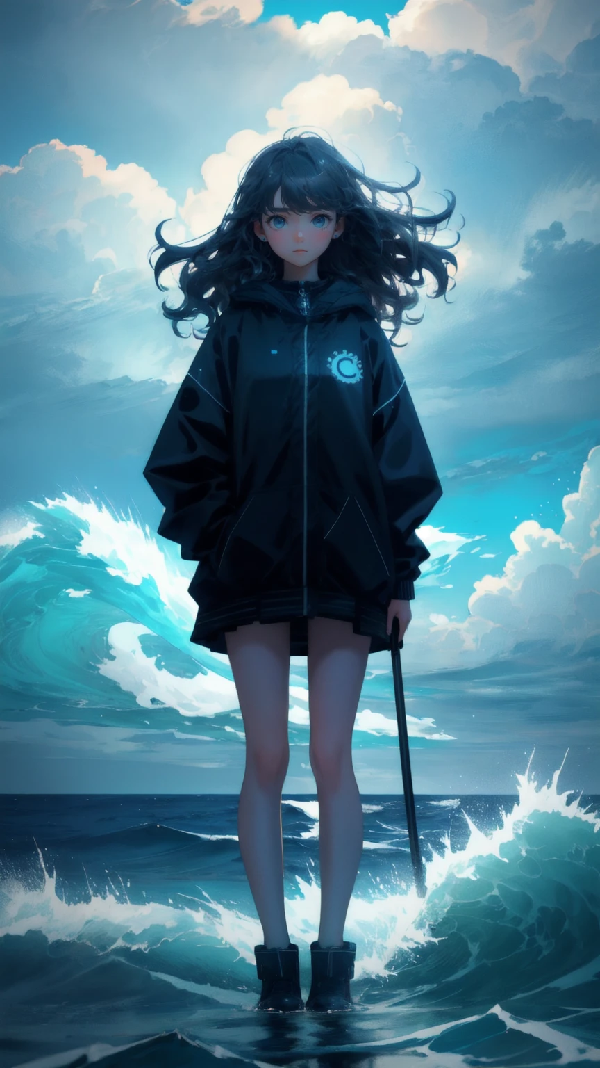 A cute girl with a distressed expression, standing in the middle of a stormy ocean with massive waves surrounding them. Bitcoins and coins are floating in the water, and dark clouds loom overhead. The text "Weak Hands Shakeout" is written across the stormy sky with blue background