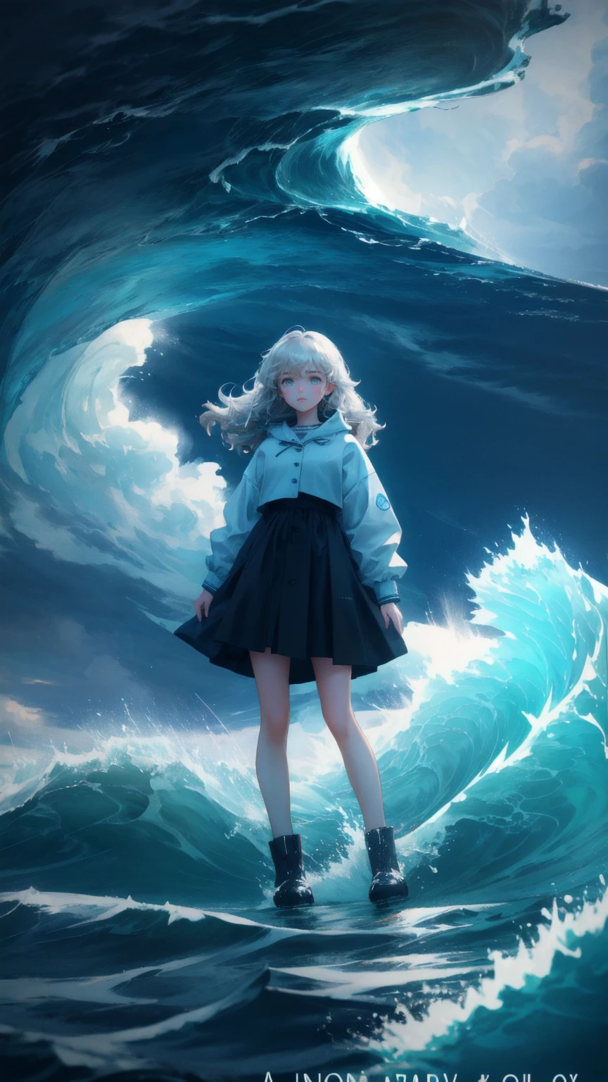 A cute girl with a distressed expression, standing in the middle of a stormy ocean with massive waves surrounding them. Bitcoins and coins are floating in the water, and dark clouds loom overhead. The text "Weak Hands Shakeout" is written across the stormy sky with blue background