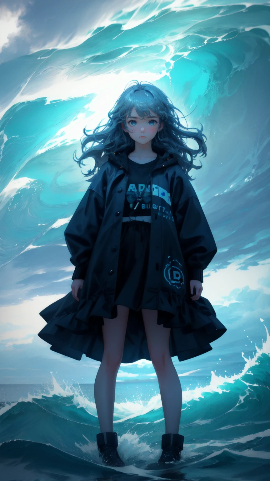 A cute girl with a distressed expression, standing in the middle of a stormy ocean with massive waves surrounding them. Bitcoins and coins are floating in the water, and dark clouds loom overhead. The text "Weak Hands Shakeout" is written across the stormy sky with blue background