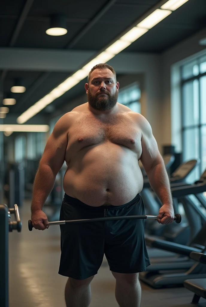 Generate a picture of an obese man who is exercising in a gym