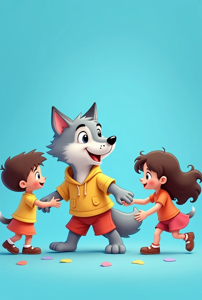 Disney cartoon of a wolf cub in clothes playing with four human children against a blue background