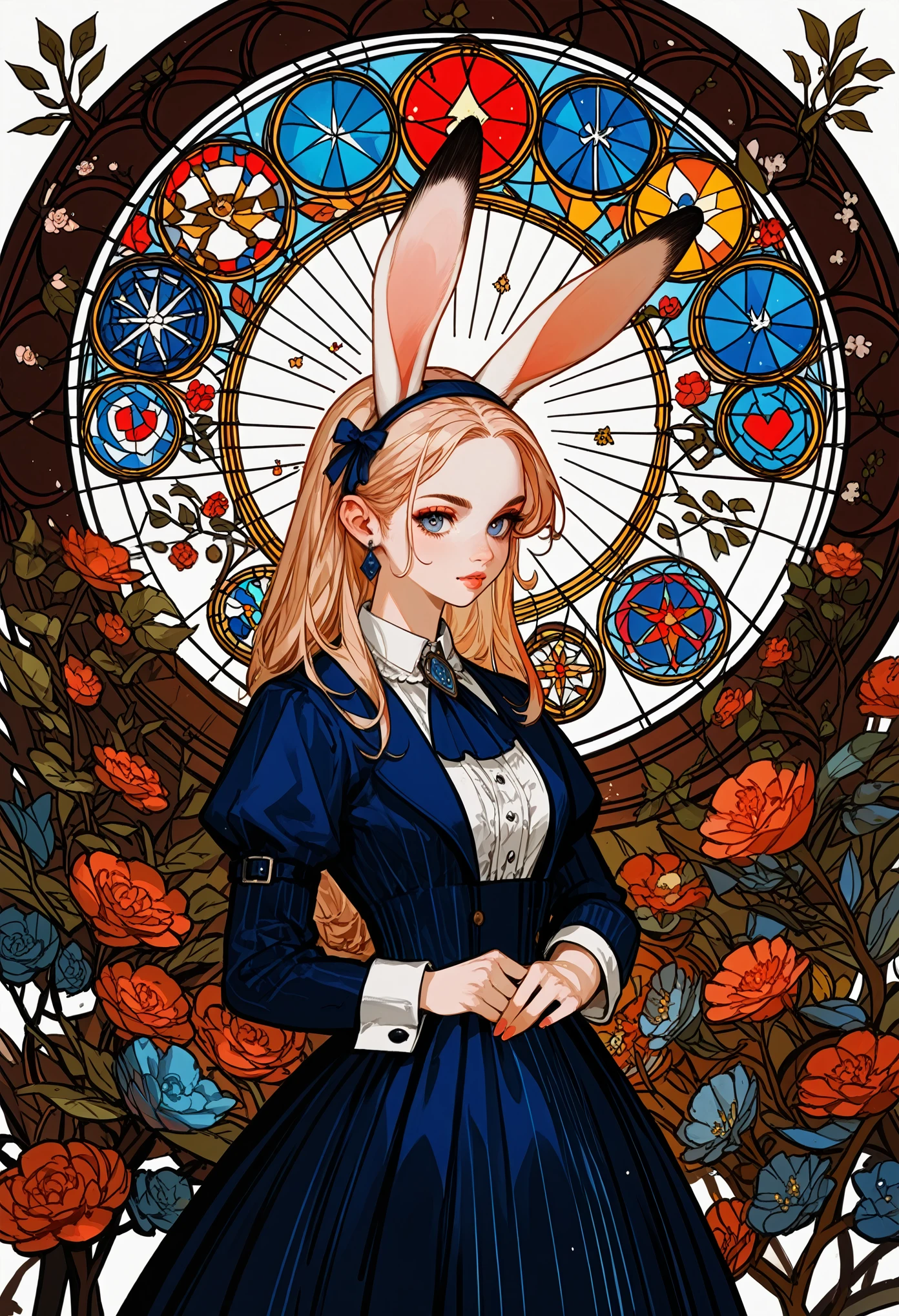 rating_safe, score_9, score_8_up, score_7_up, score_6_up, score_5_up, score_4_up, hires, source_furry, cover_page, medieval times, mystical, Alice in Wonderland, 1girl, Rabbit in a suit, Sil Off from Isometric Anime, stained glass, On White Background, Geometric composition,