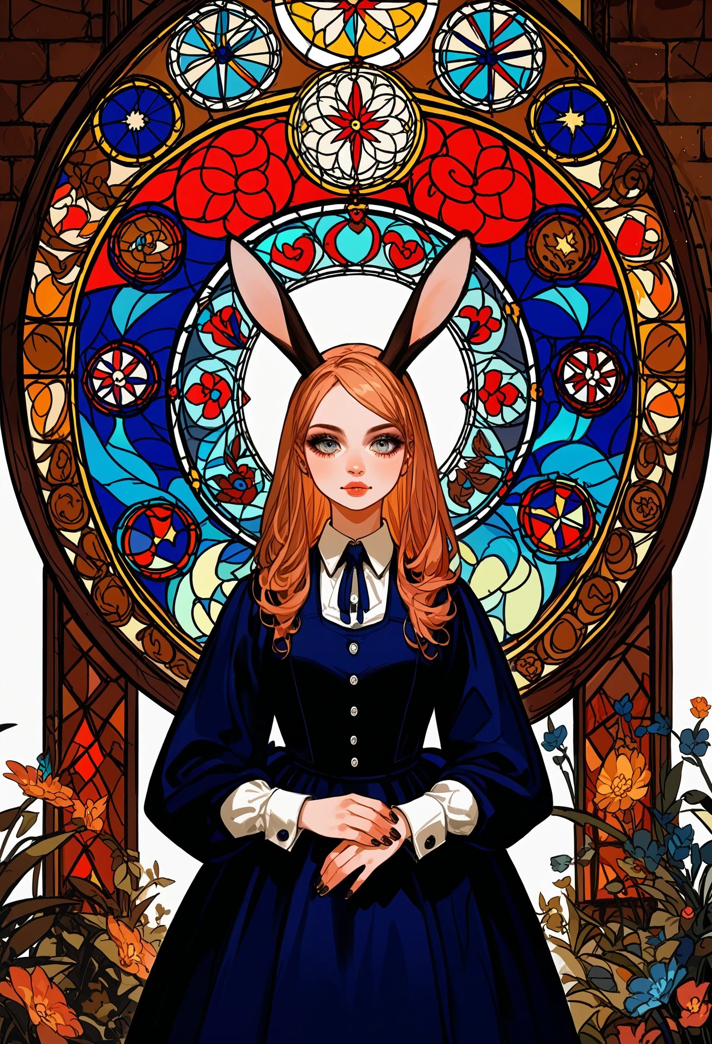 rating_safe, score_9, score_8_up, score_7_up, score_6_up, score_5_up, score_4_up, hires, source_furry, cover_page, medieval times, mystical, Alice in Wonderland, 1girl, Rabbit in a suit, Sil Off from Isometric Anime, stained glass, On White Background, Geometric composition,