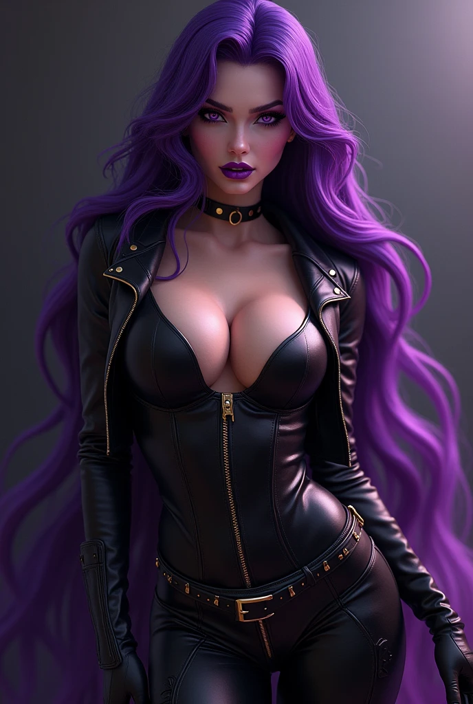 Hot female supervillain , Evil grin purple lips purple eyeshadow leather top gloves and pants with gold accents and long purple hair seductive pose