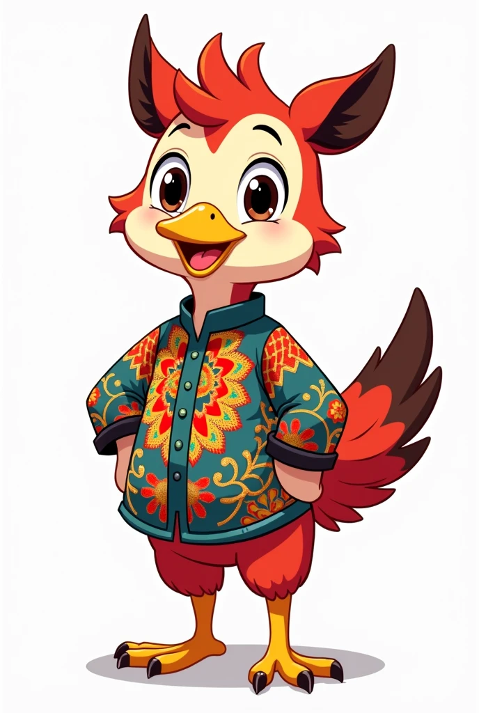 Make me a animal mascot that symbolizes tolerance and democracy, with a character that wears batik clothes like Indonesian batik and Make this mascot like anime Without background and shadow