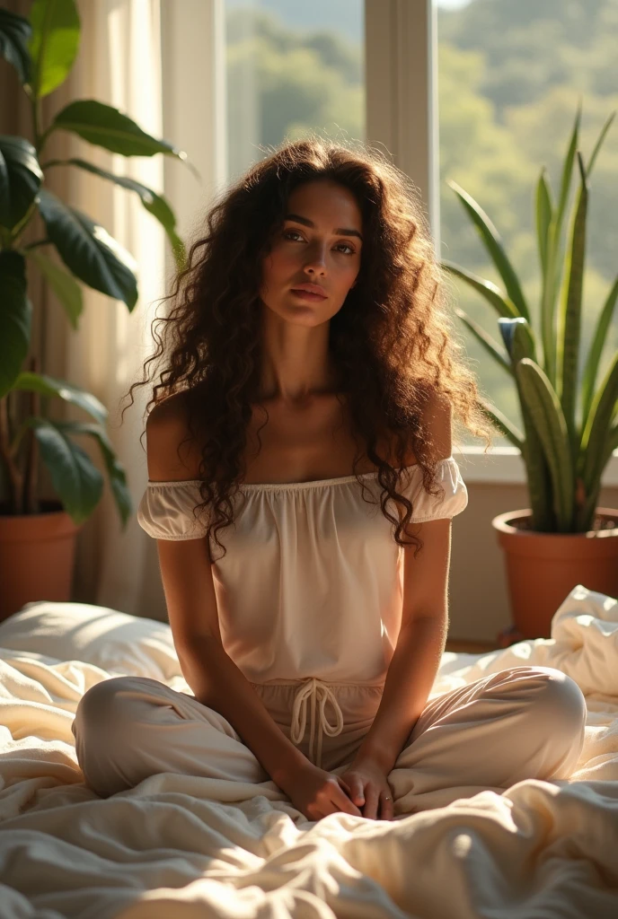 (photorealism:1.2), beautiful woman, sitting on bed, wearing loose off-shoulder top, pajama pants, long curly hair, indoors, soft lighting, plants in background, window with sunlight, cozy room, relaxed pose, realistic, intricate details, warm colors, by Greg Rutkowski, by Alphonse Mucha