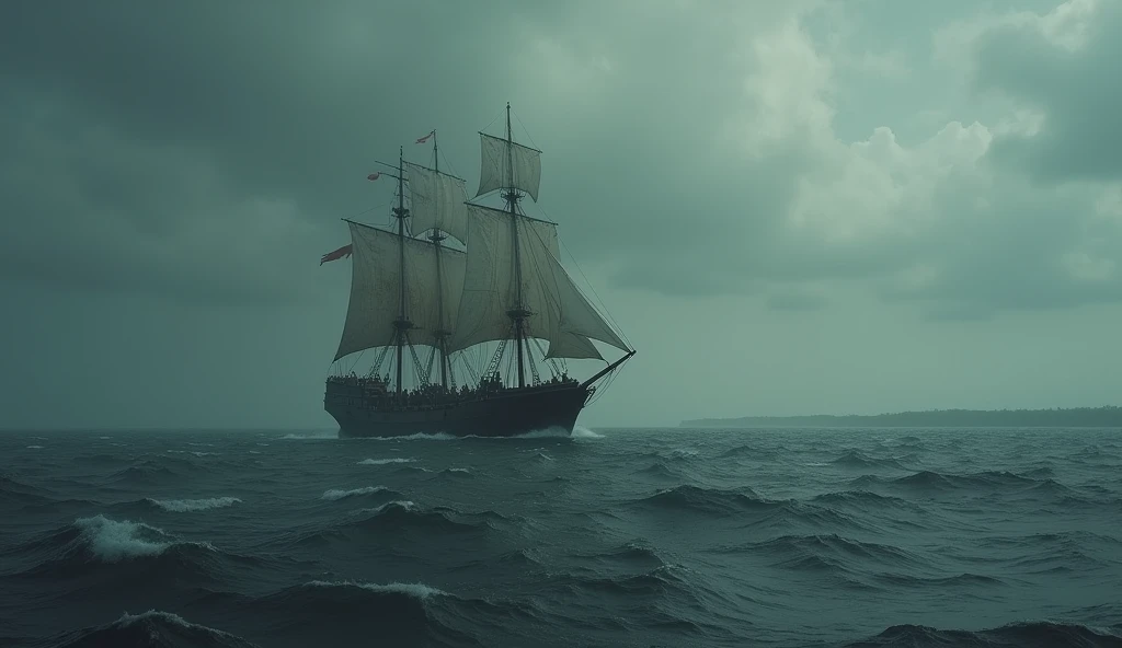 Image Prompt: A small, battered ship sailing away from Roanoke Island under a gray sky, with the settlers aboard looking back at the fading shoreline, embodying their sense of defeat