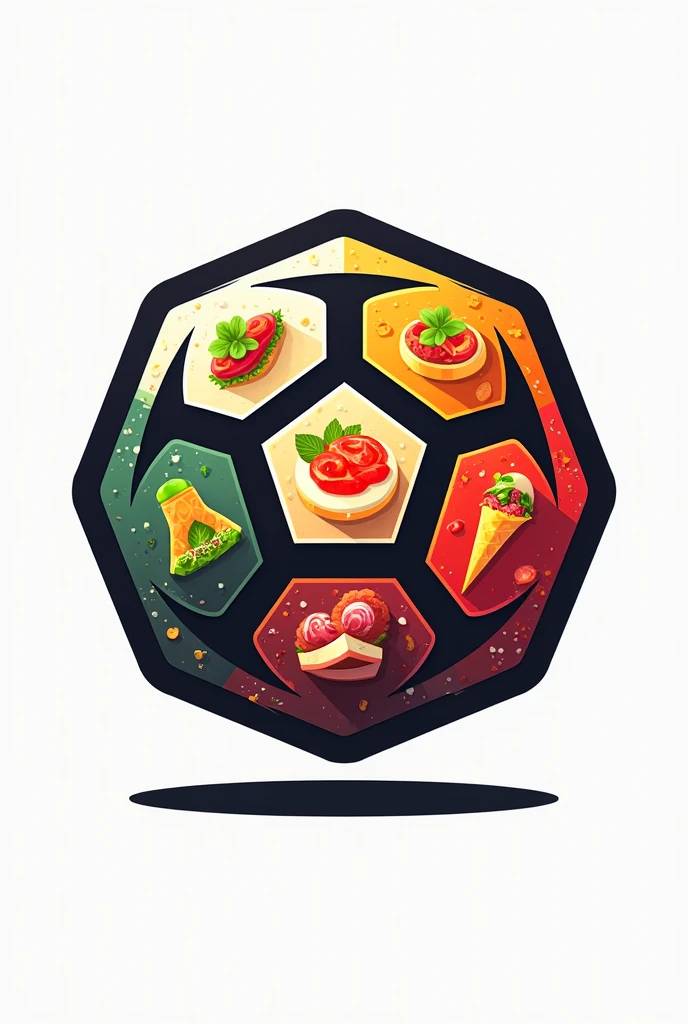 Foodball logo, football with each octagon of the ball is filled with restaurants dishes . Must be vibrant and colorful