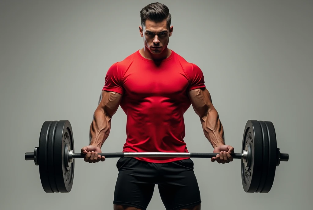 best quality, masterpiece, fill frame, full body, poster of handsome borneo man, wearing plain red tshirt and black shorts, lifting a barbell, perfect fingers, perfect hands, perfect face, perfection, no background