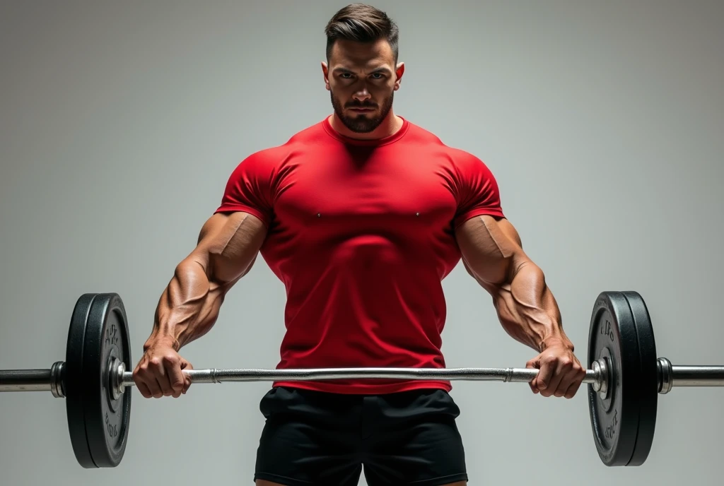 best quality, masterpiece, fill frame, full body, poster of handsome borneo man, wearing plain red tshirt and black shorts, lifting a barbell, perfect fingers, perfect hands, perfect face, perfection, no background