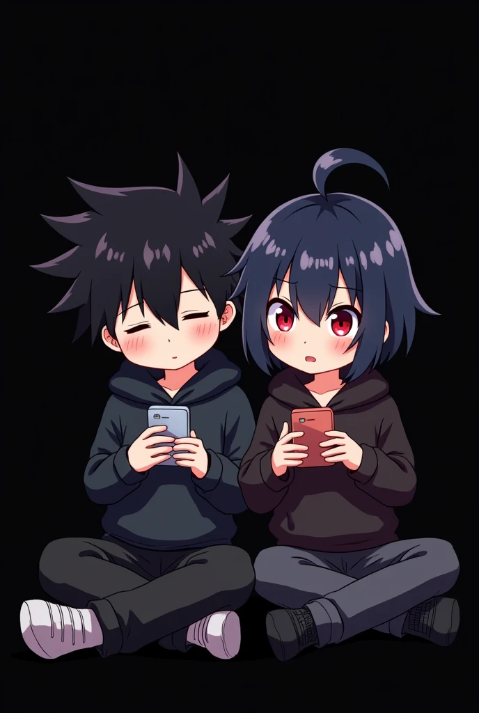 A boy ((( Anime boy , Spiky hair , black hair , black hoodie , blood red eyes , narrowed eye
))) , A girl ((( Anime girl , dark blue hair , modern day mullet hair style , black hoodie , red eyes , almond eye
))) , playing phone , siblings , chibi , sitting , black background