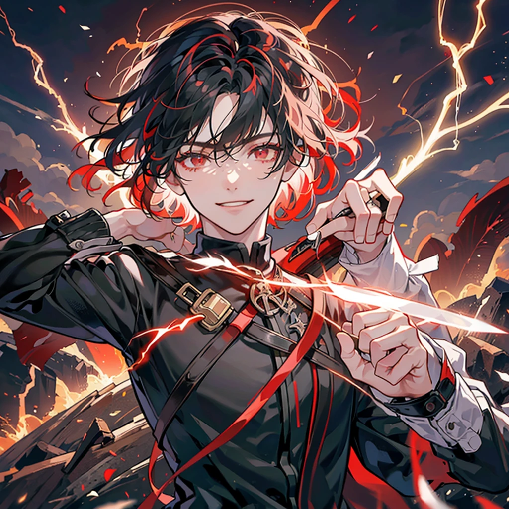 A 23-year-old man with red eyes,

short white hair,

bangs,

holding a horizontal knife surrounded by lightning elements in one hand,

smiling, background ruins battlefield,

front,

red lightning effects,

facing the camera 00003