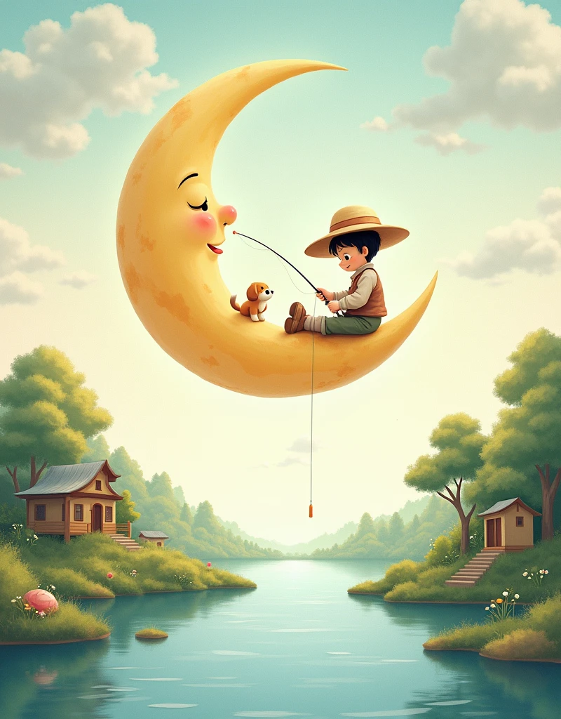 illustration，1 cute little fisherman，Sitting on the moon，Hand holding a fishing rod for fishing，(A carp took the hook:1.3)，There is a puppy lying at my feet，There is a calm lake at the bottom of the picture，Beautiful bright colors，Fairytale pictures，Light background，watercolor，draw，material，Country fields，Childhood，nostalgia，，Take you into the painting，治愈系illustration，Intricate details，Create a dreamy、Almost surreal atmosphere，((((8k，Bright colors，Bright，Ultra high saturation，RGB color, Colorful))))，(High contrast:1.5)，(whole body:1.8), magazine photography，Popular on social platforms，((Dopamineism))，(((Dopamine color matching)))，Dopamine，(in the style of Y2K)，Luo Erchun，Three-dimensional ancient style，Oriental poetry and painting