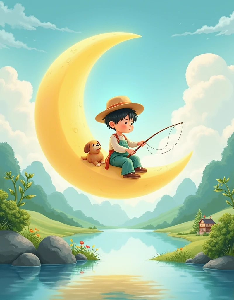 illustration，1 cute little fisherman，Sitting on the moon，Hand holding a fishing rod for fishing，(A carp took the hook:1.3)，There is a puppy lying at my feet，There is a calm lake at the bottom of the picture，Beautiful bright colors，Fairytale pictures，Light background，watercolor，draw，material，Country fields，Childhood，nostalgia，，Take you into the painting，治愈系illustration，Intricate details，Create a dreamy、Almost surreal atmosphere，((((8k，Bright colors，Bright，Ultra high saturation，RGB color, Colorful))))，(High contrast:1.5)，(whole body:1.8), magazine photography，Popular on social platforms，((Dopamineism))，(((Dopamine color matching)))，Dopamine，(in the style of Y2K)，Luo Erchun，Three-dimensional ancient style，Oriental poetry and painting