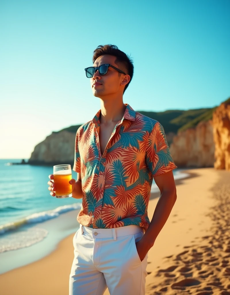 Asian male, 35 year old, dark brown crew cut hair, brown colored eyes, sunglasses, Hawaii colourful shirt and white pants, holding beer glass, the sunrise on the Algarve beach, blue sky, blue atmosphere