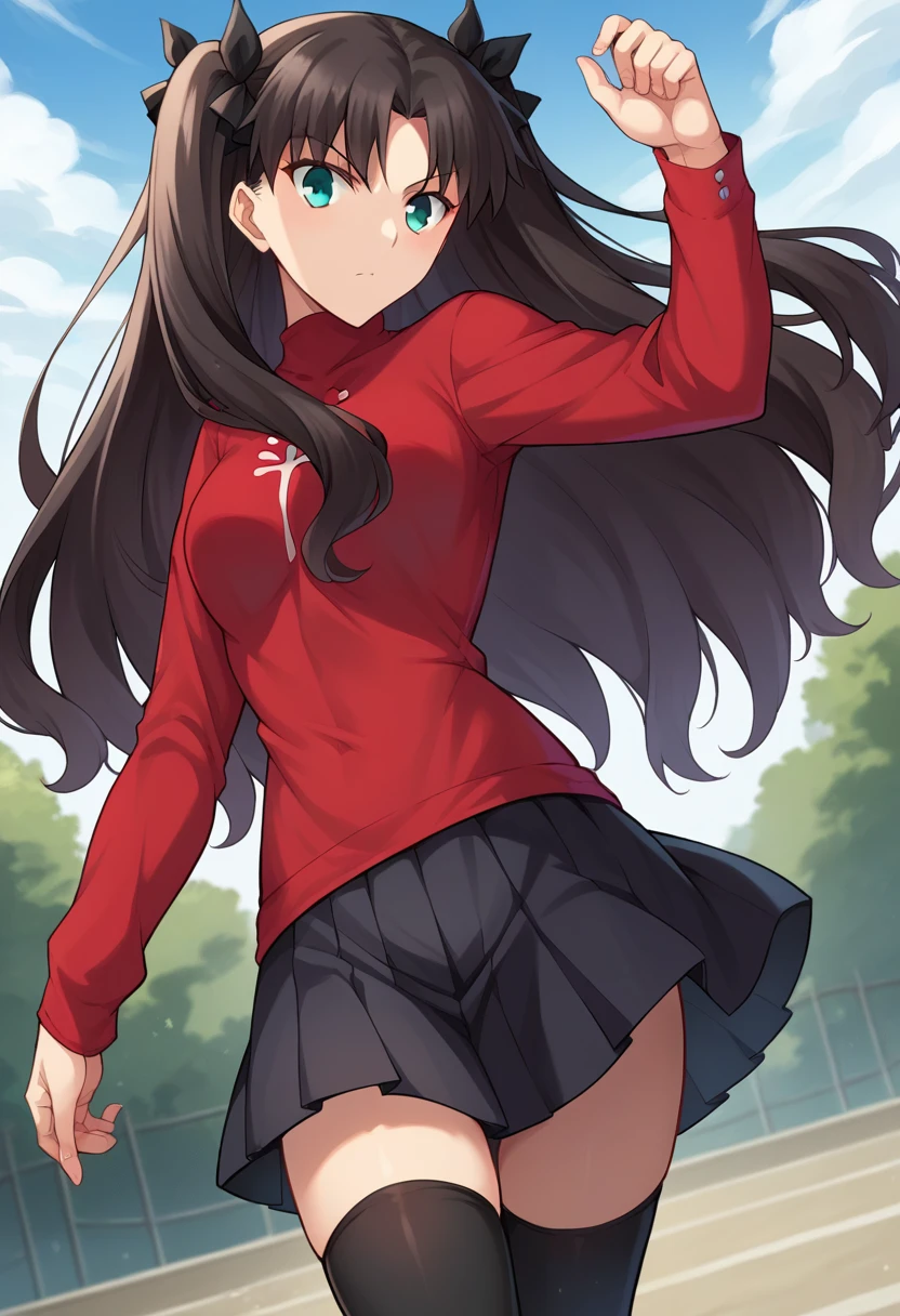score_9, score_8_up, score_7_up, source_anime, rintohsaka, rin tohsaka, aqua eyes, black hair, hair ribbon, long hair, ribbon, sidelocks, two side up, parted bangs, black skirt, black thighhighs, long sleeves, miniskirt, pleated skirt, red sweater, skirt, sweater, thighhighs, turtleneck, outdoors, looking at viewer, cowboy shot, dutch angle, dynamic pose,