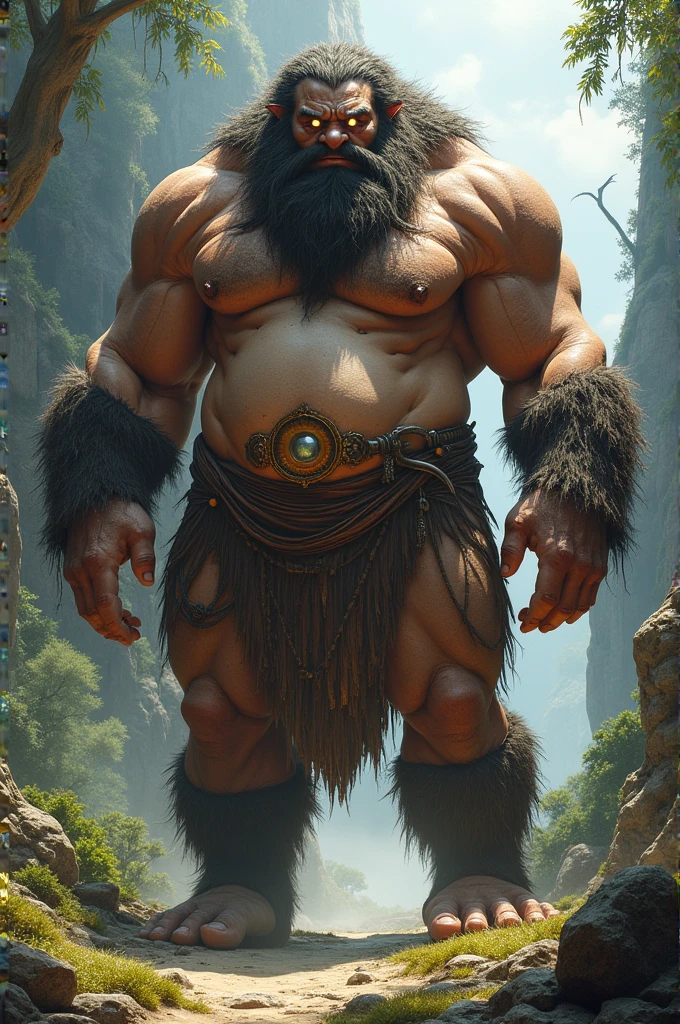 A tall cyclops with body hair wearing only a loin cloth with a bulge under the loin cloth