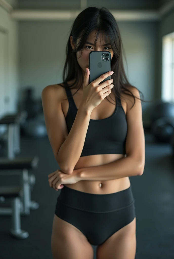 An Asian woman in the gym,Cover your face with your phone,skinny,Wear yoga shorts