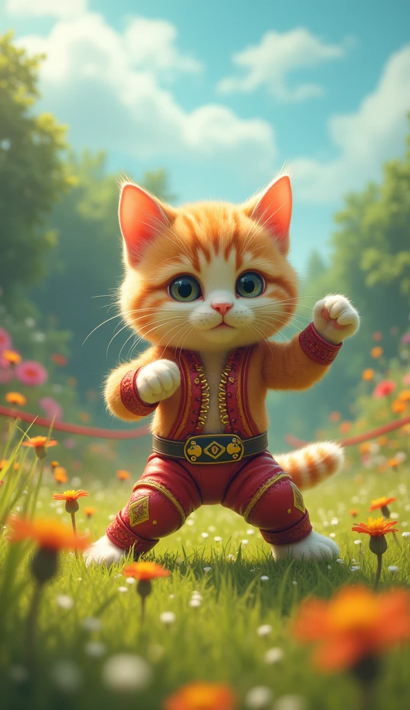 cute cat pro wrestler, Clear picture quality, eight,Short and cute legs, During a professional wrestling match, fantasy meadow background, dropkick
